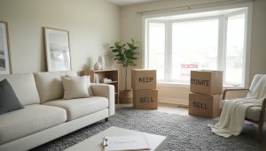 Staged living room with labeled boxes and a 'For Sale' sign visible — illustrating clearing personal belongings before selling a parent's home in Georgetown, ON.