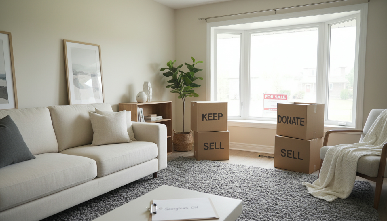 Staged living room with labeled boxes and a 'For Sale' sign visible — illustrating clearing personal belongings before selling a parent's home in Georgetown, ON.