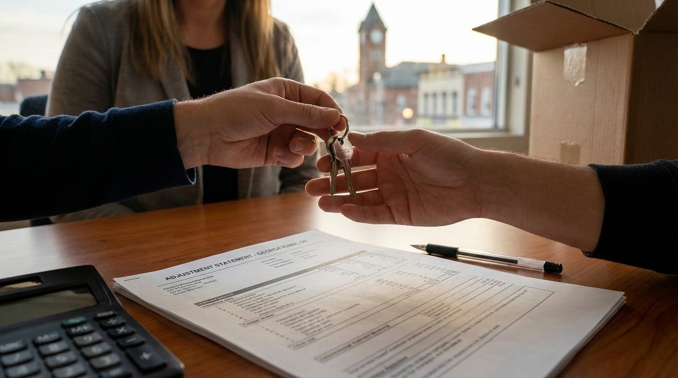 Real estate adjustment statement on table with house keys and Georgetown skyline in background