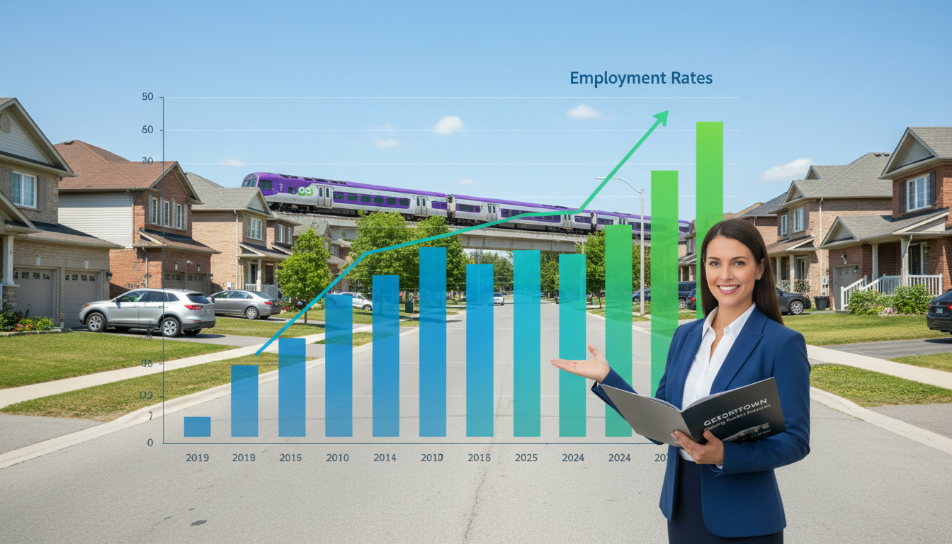 Georgetown ON neighborhood with houses, GO Transit train and an overlay graph showing employment rate trends.
