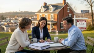 Realtor reviewing mortgage documents with homeowners outside a Georgetown, Ontario house.