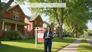Realtor holding mortgage documents in front of a sold sign on a Georgetown, Ontario street
