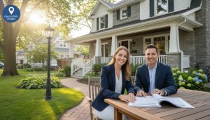 Real estate agent consulting homeowner outside a Georgetown Ontario house with paperwork and warm daylight.