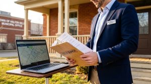 Realtor reviewing title search and tax documents outside a Georgetown, Ontario home