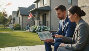 Realtor and lawyer reviewing title search documents for a Georgetown, Ontario home