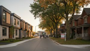 Georgetown neighborhood showing new construction beside mature homes with a For Sale sign and GO Train commuters in background