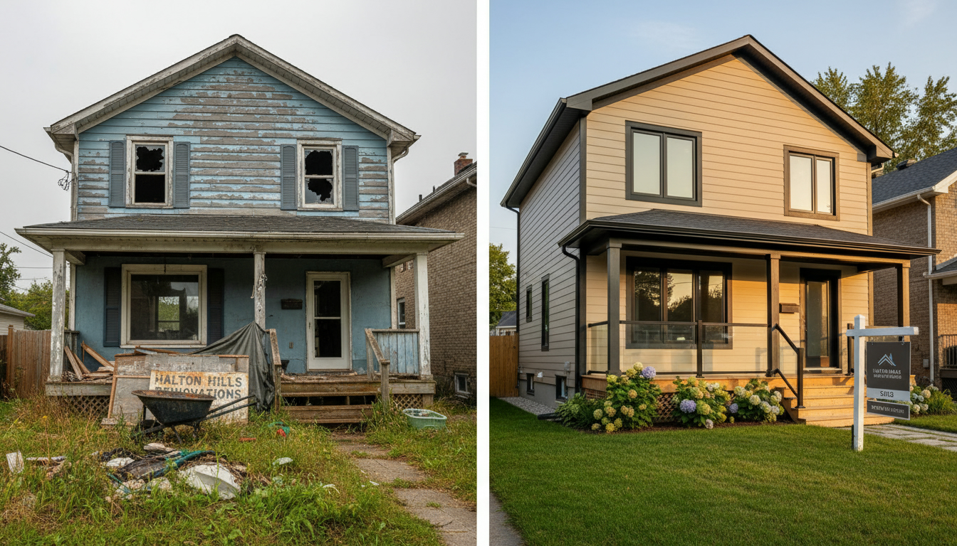 Before-and-after image of a Georgetown, Ontario fixer-upper showing run-down side versus renovated modern exterior with Sold sign.