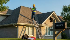Home inspector examining roof and gutters of a suburban house in Georgetown, Ontario with clipboard and ladder.