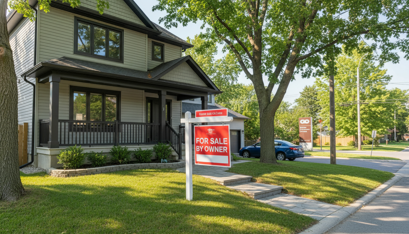 Georgetown Ontario house with For Sale By Owner sign on a sunny afternoon, staged curb appeal