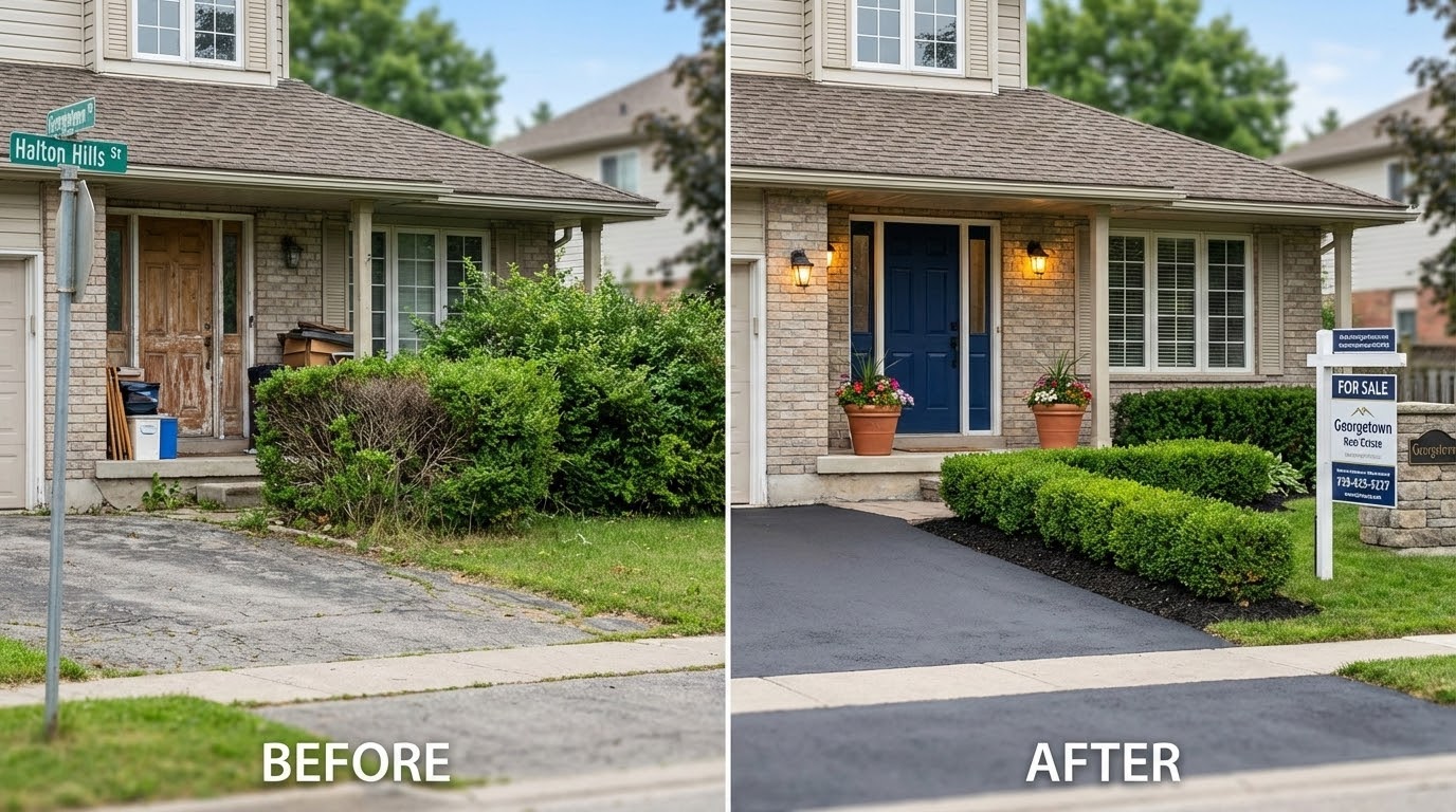 Before-and-after curb appeal transformation of a Georgetown, Ontario home with fresh landscaping and a 'For Sale' sign.