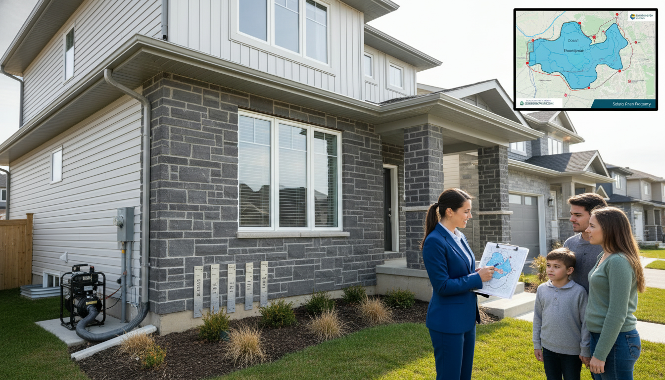 Georgetown Ontario house near Credit River with flood markers, realtor with clipboard and floodplain map inset