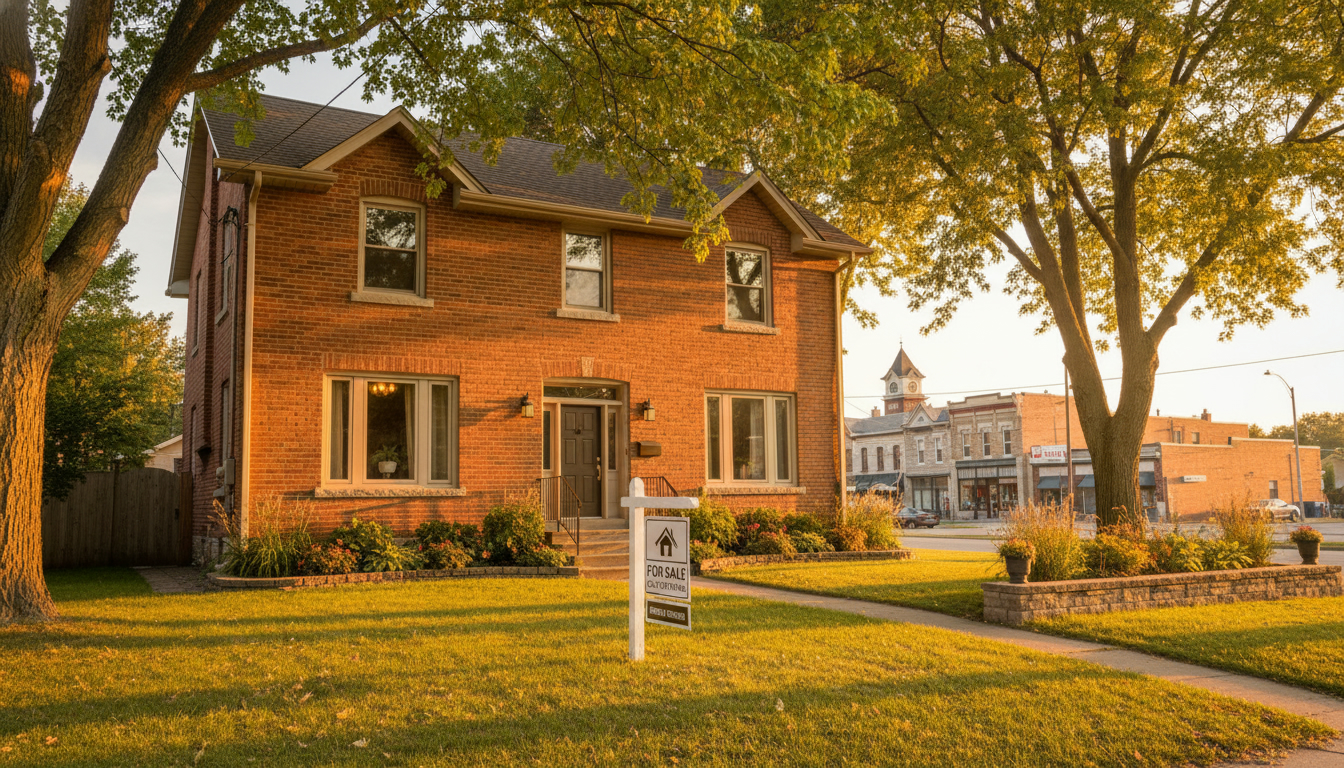 Detached home in Georgetown Ontario with 'For Sale' sign, mature trees, and downtown in background