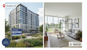 Staged condo interior and Georgetown condo building near GO station with realtor badge