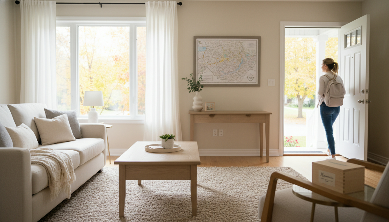 Staged Georgetown home interior with a box labeled 'Memories — Keep' and a seller leaving the house