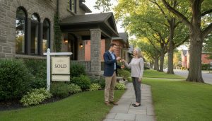 Realtor handing keys to homeowner in front of a Georgetown, Ontario house with sold sign