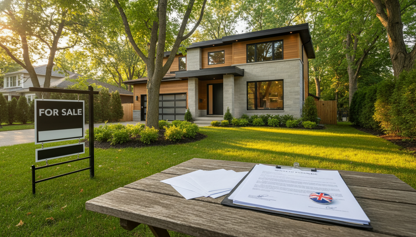 Georgetown house with 'For Sale' sign and multiple offer documents on a table, Ontario map badge