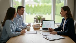Realtor and family reviewing legal paperwork in a Georgetown, Ontario home with documents and laptop showing local map