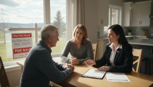 Realtor advising homeowner on power of attorney sale paperwork in a Georgetown home with 'For Sale' sign visible outside.