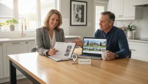 Realtor and homeowner reviewing a home inspection report in a Georgetown, Ontario home
