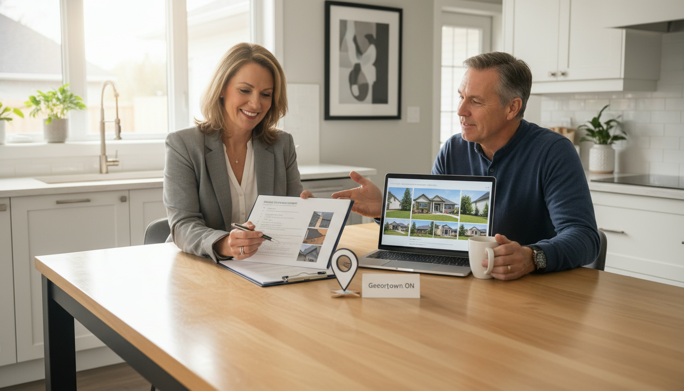 Realtor and homeowner reviewing a home inspection report in a Georgetown, Ontario home