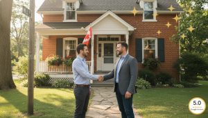 Realtor shaking hands with happy homeowners in front of a Georgetown Ontario house with 5-star review icons overlay
