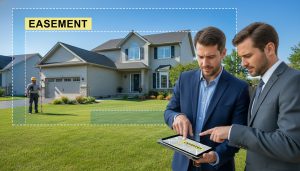 Georgetown Ontario house with property lines overlay and highlighted easement strip, realtor and lawyer reviewing documents