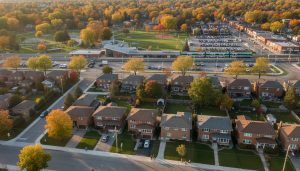 Aerial view of a safe Georgetown, Ontario neighbourhood with homes, park, and GO station