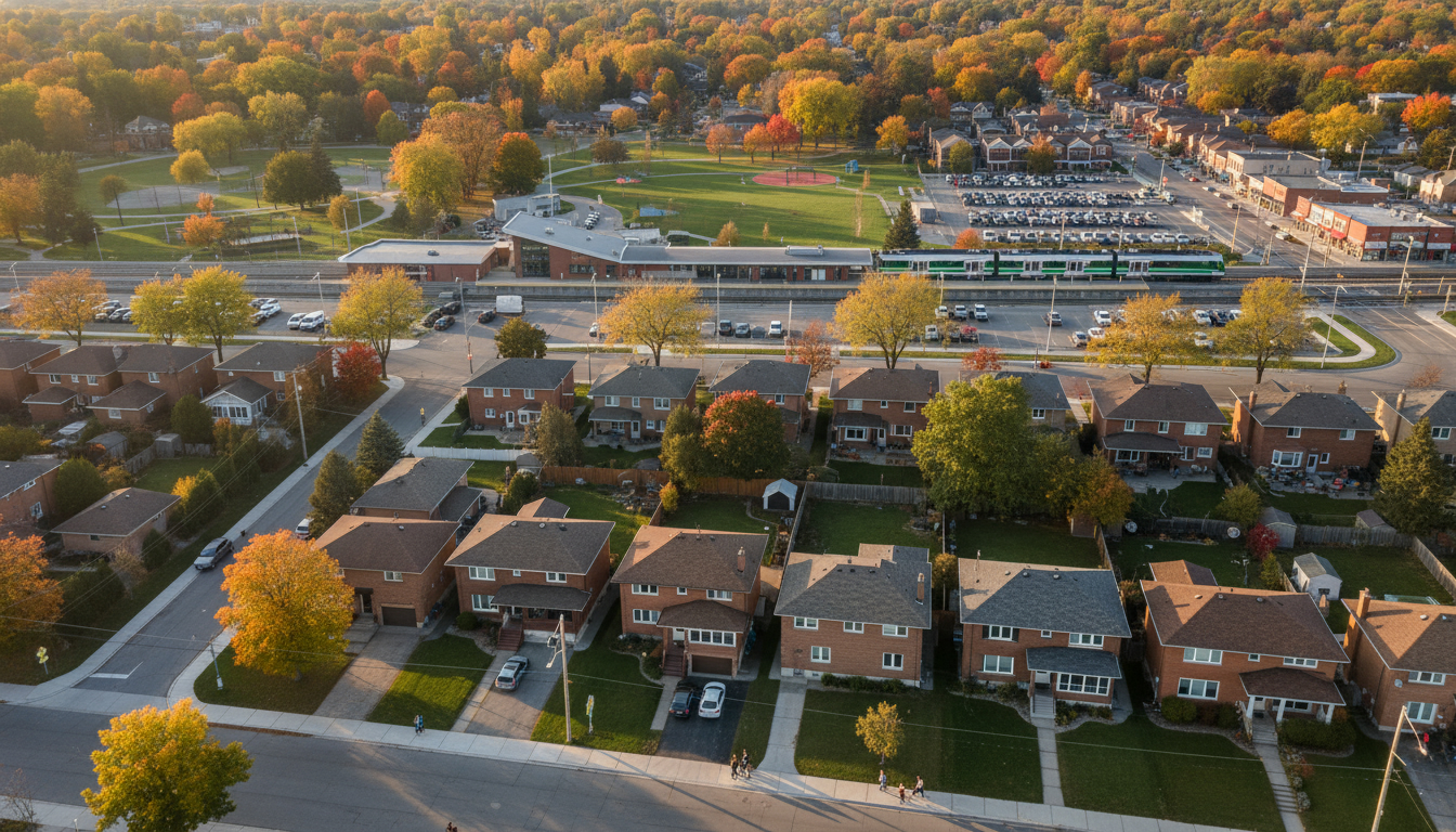 Aerial view of a safe Georgetown, Ontario neighbourhood with homes, park, and GO station