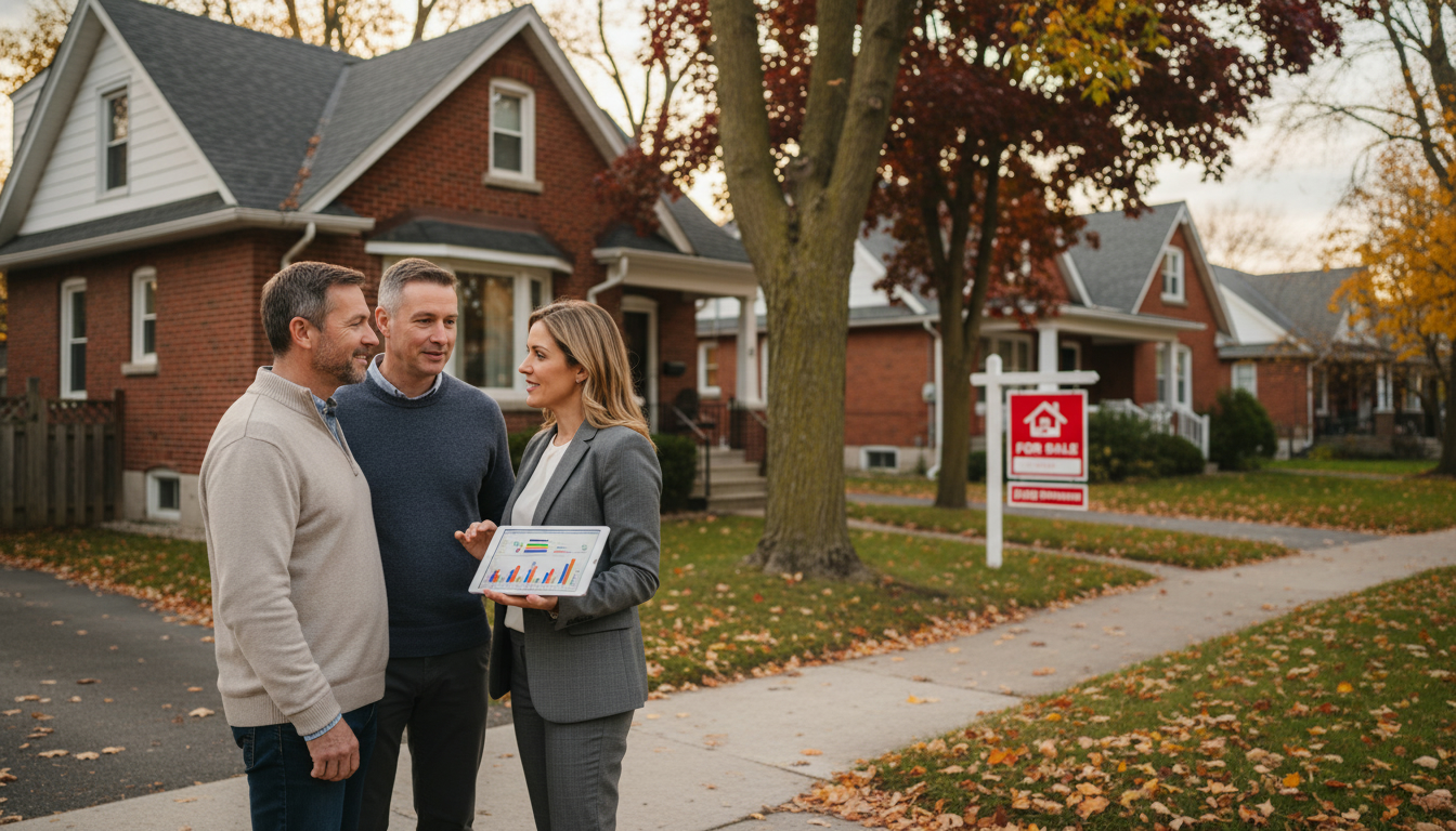 Couple discussing sale of their Georgetown, Ontario home with a realtor by a 'For Sale' sign on a suburban street
