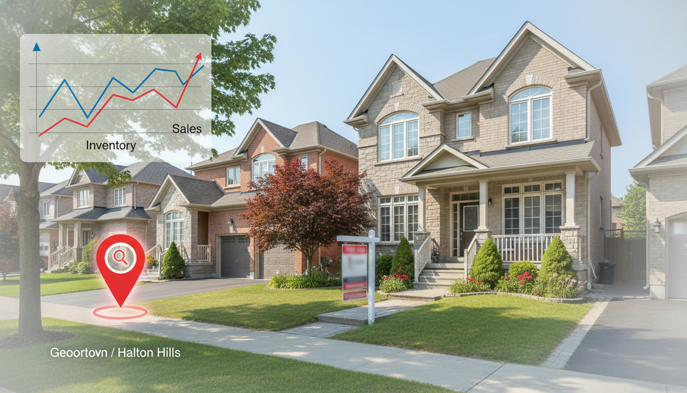Georgetown Ontario homes with for sale sign and market chart overlay