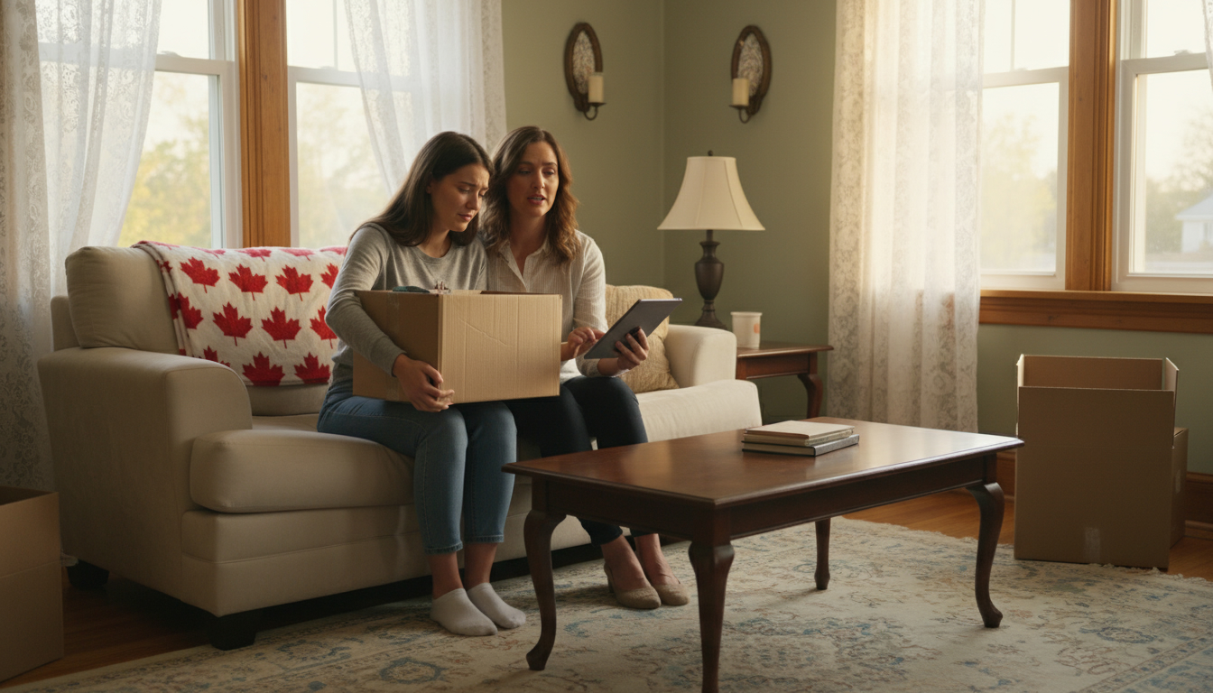 First-time home sellers in Georgetown Ontario speaking with a realtor while packing boxes in a warmly lit living room.