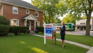 Suburban Georgetown home with For Sale sign and realtor talking to adult child near driveway, GO train in background.