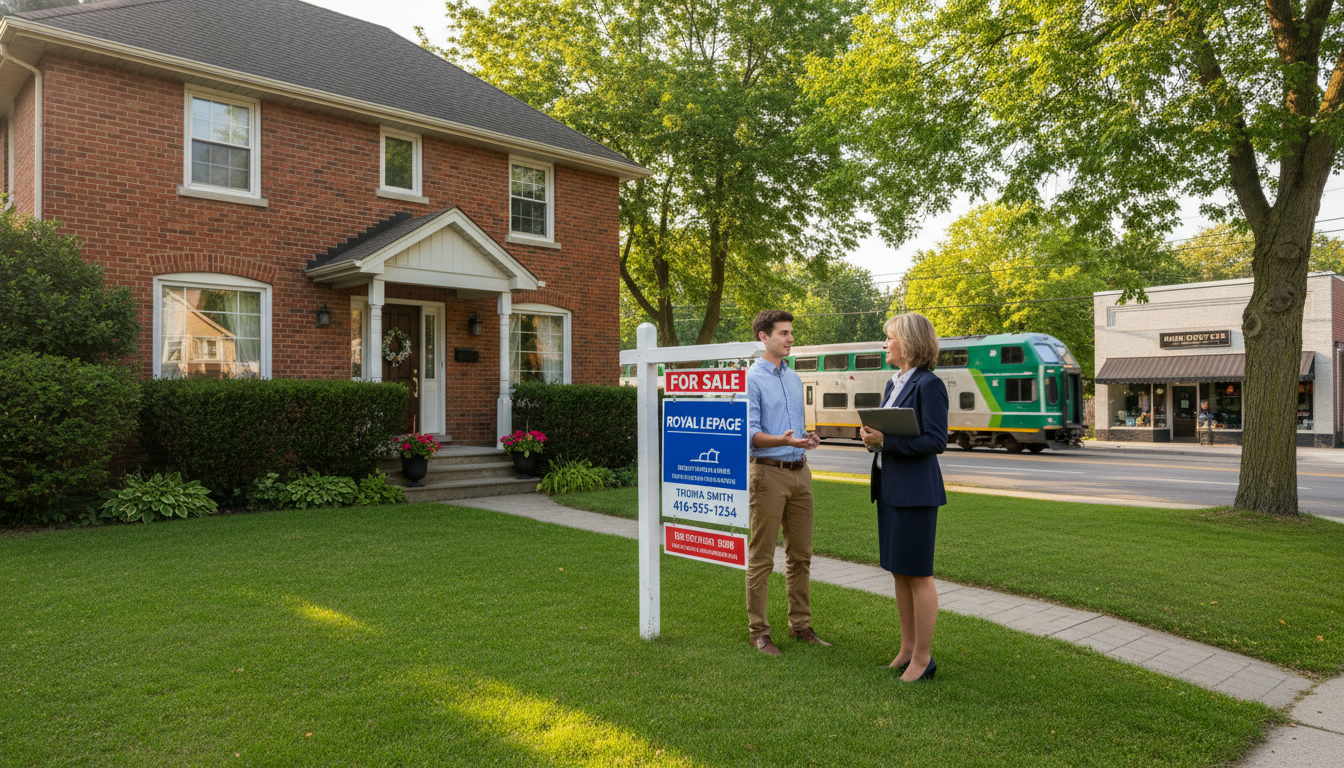 Suburban Georgetown home with For Sale sign and realtor talking to adult child near driveway, GO train in background.