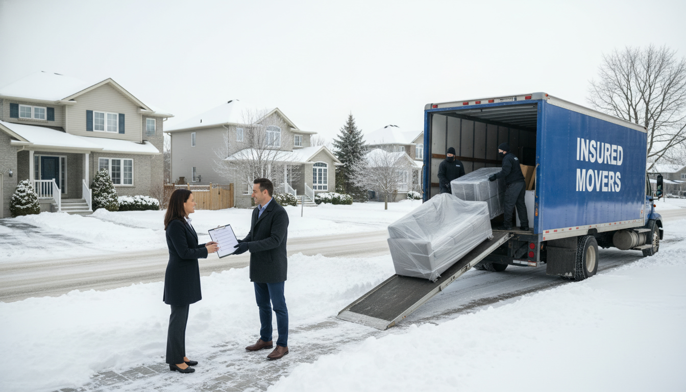 Professional mover loading wrapped furniture into a truck while homeowner reviews moving insurance checklist in Georgetown, Ontario.