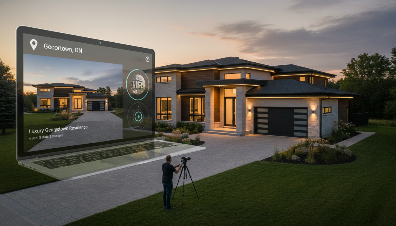 Twilight exterior of a Georgetown, Ontario home with laptop showing online real estate listing and 3D tour overlay