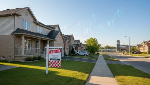 Georgetown Ontario suburban home with Sold sign and overlay economic chart showing market trends, near GO Transit station.