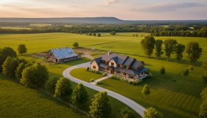Luxury rural property near Georgetown Ontario with farmhouse, barn, rolling fields and trees at golden hour.