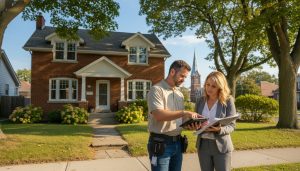 Home inspector and realtor reviewing inspection report in front of a Georgetown, Ontario house