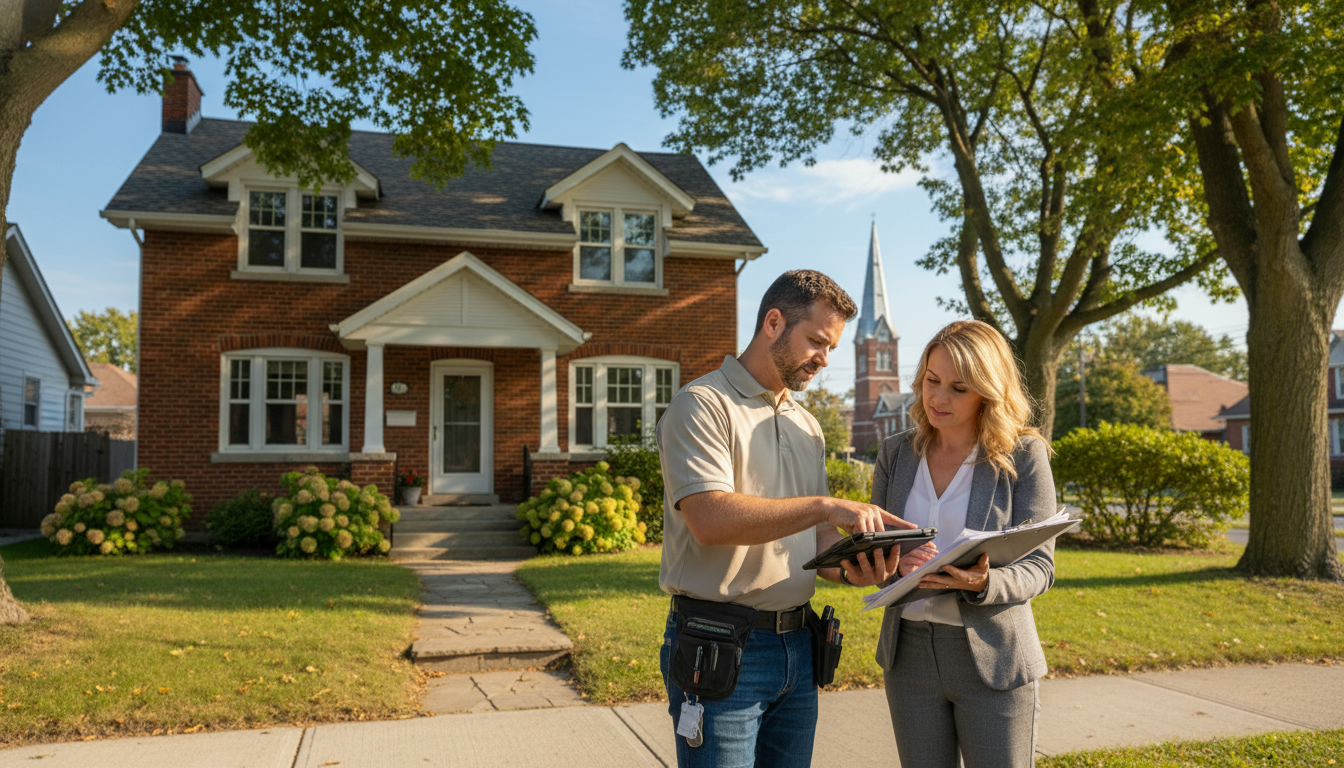 Home inspector and realtor reviewing inspection report in front of a Georgetown, Ontario house