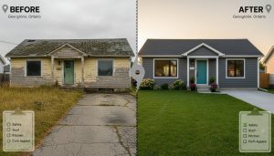 Split before-and-after image of a Georgetown, Ontario bungalow showing stalled fixer-upper on left and renovated home on right with checklist overlay.