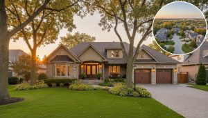 Professional real estate photo of a Georgetown Ontario home at golden hour with drone inset showing neighborhood context