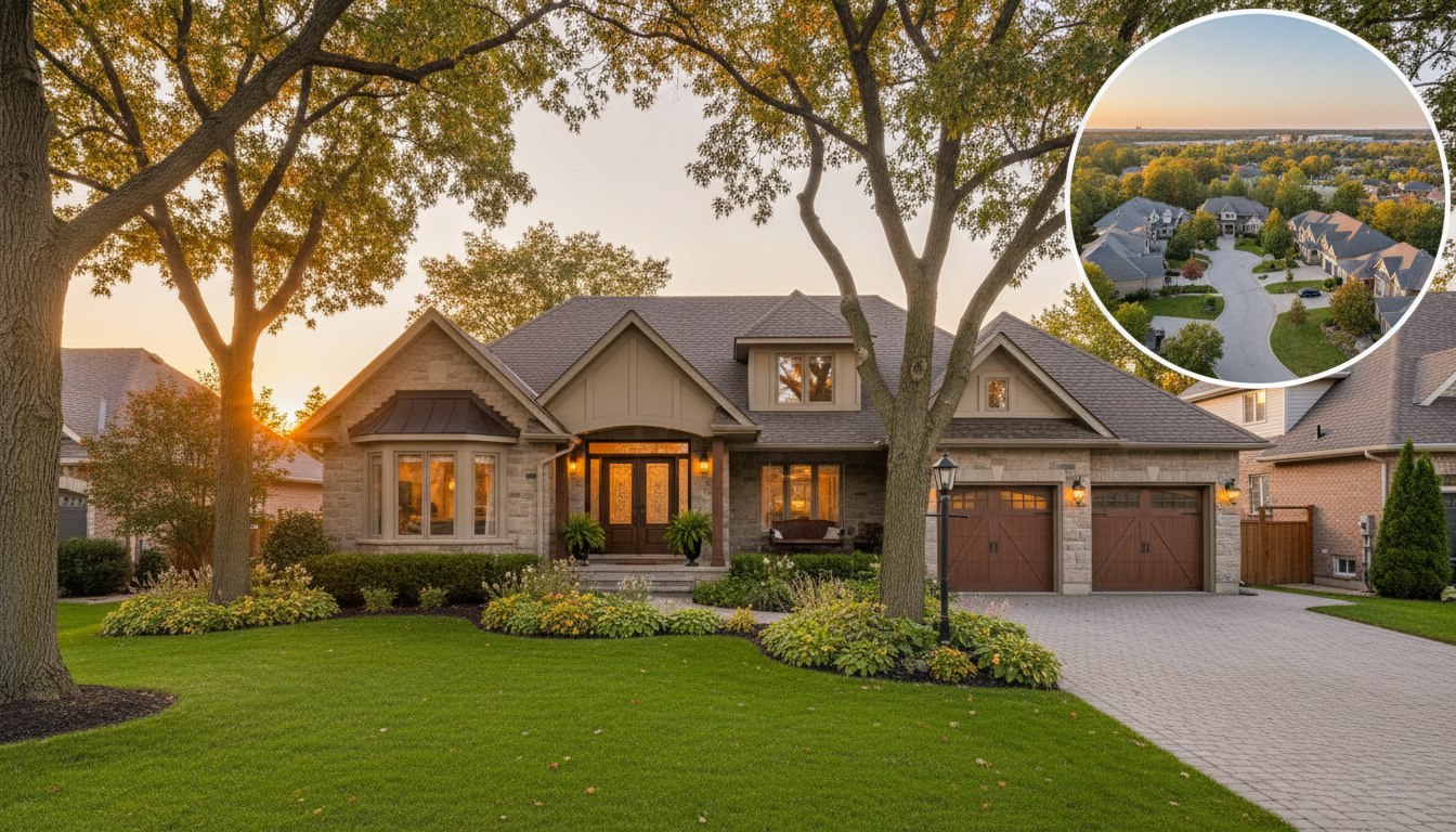 Professional real estate photo of a Georgetown Ontario home at golden hour with drone inset showing neighborhood context