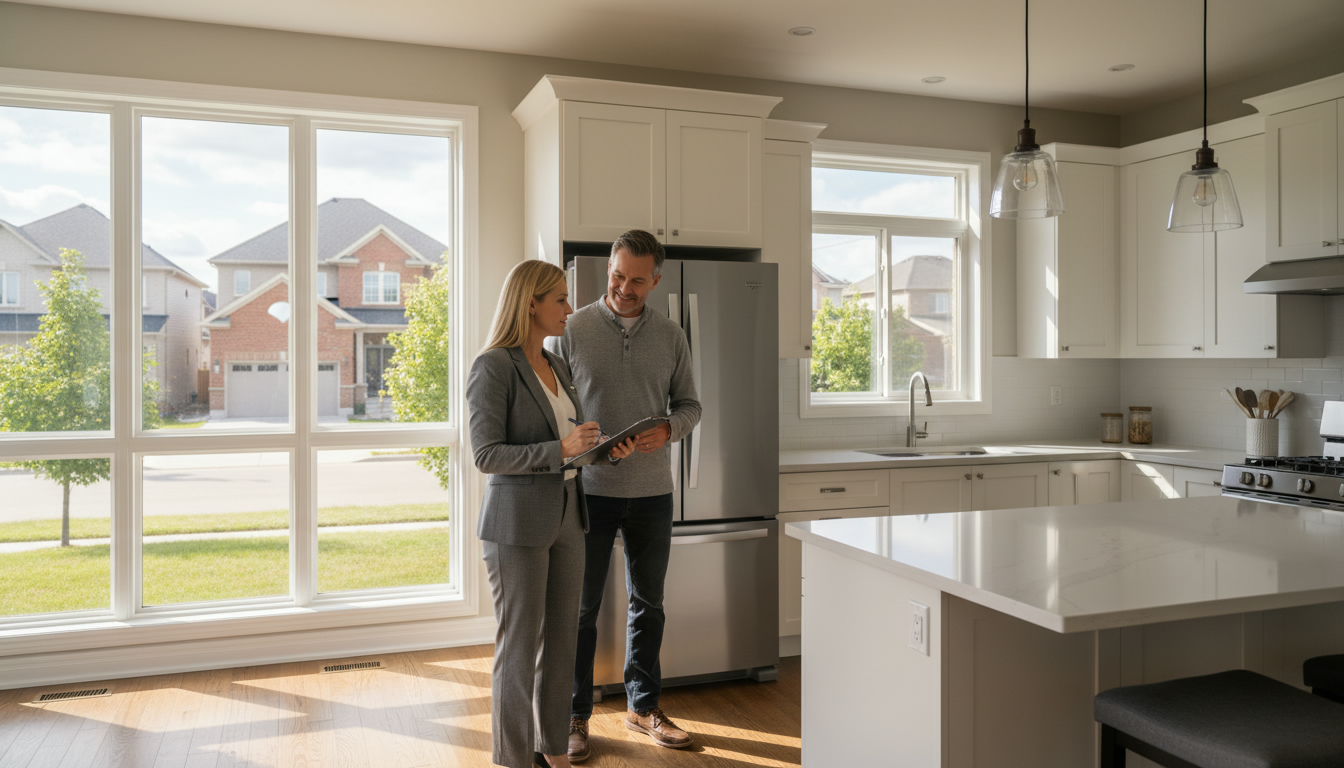 Realtor conducting final walkthrough in a Georgetown, Ontario home, holding a checklist clipboard