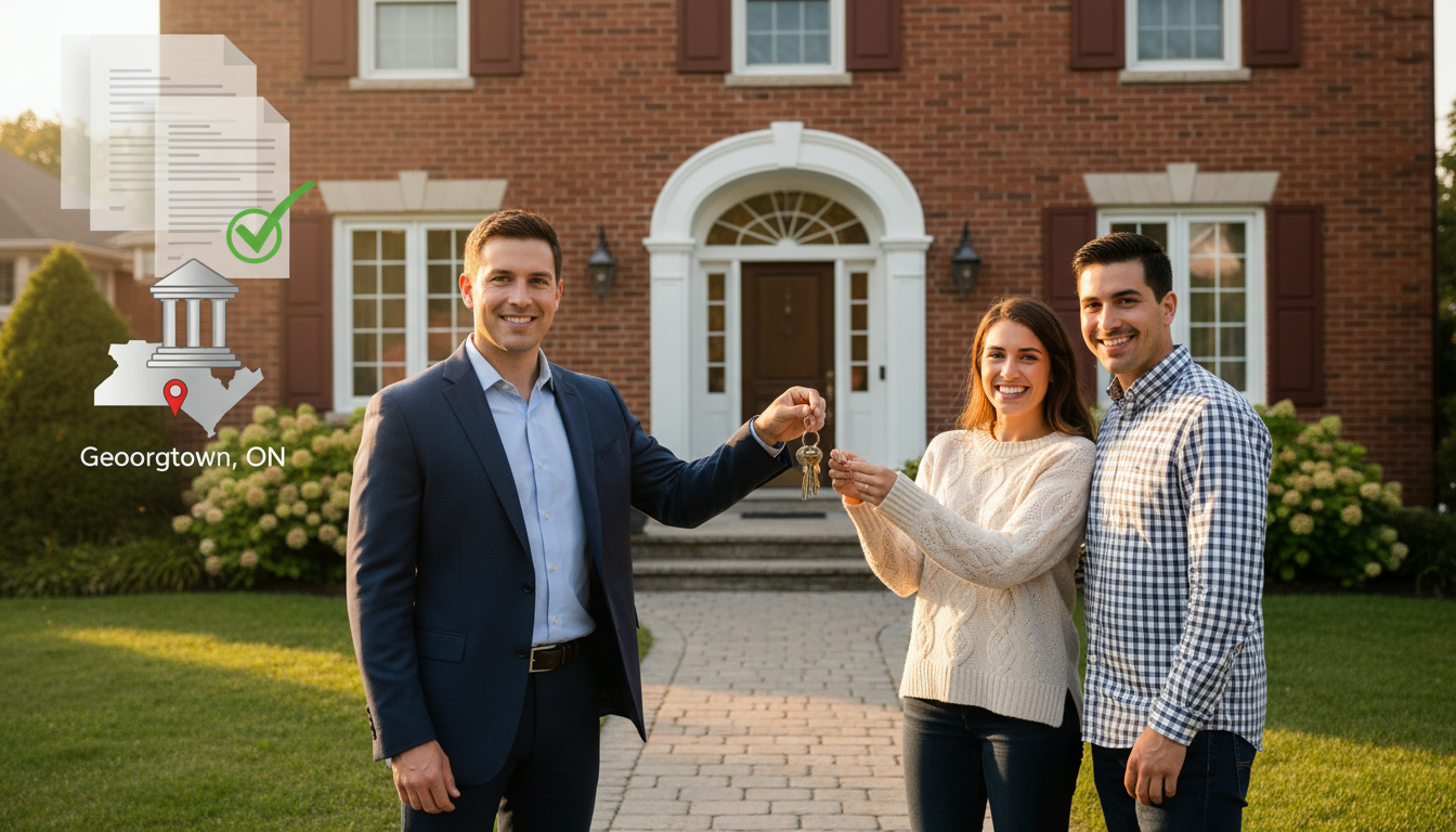 Realtor handing keys to couple in front of a Georgetown, Ontario home with mortgage documents and map overlay