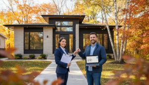 Realtor handing keys to buyer in front of a Georgetown, Ontario home with closing paperwork visible