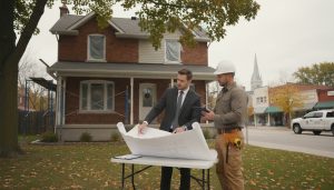 Realtor and contractor reviewing blueprints and cost estimates in front of a Georgetown, Ontario house under renovation