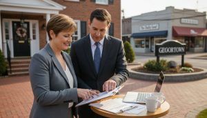 Homeowner and agent reviewing a property disclosure statement in front of a Georgetown, Ontario home