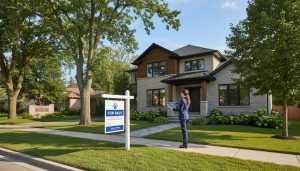 Modern detached home in Georgetown, Ontario with a for sale sign and realtor holding a tablet
