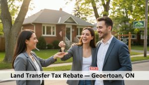 First-time homebuyers receiving keys from a Realtor outside a home in Georgetown Ontario with text about land transfer tax rebate.