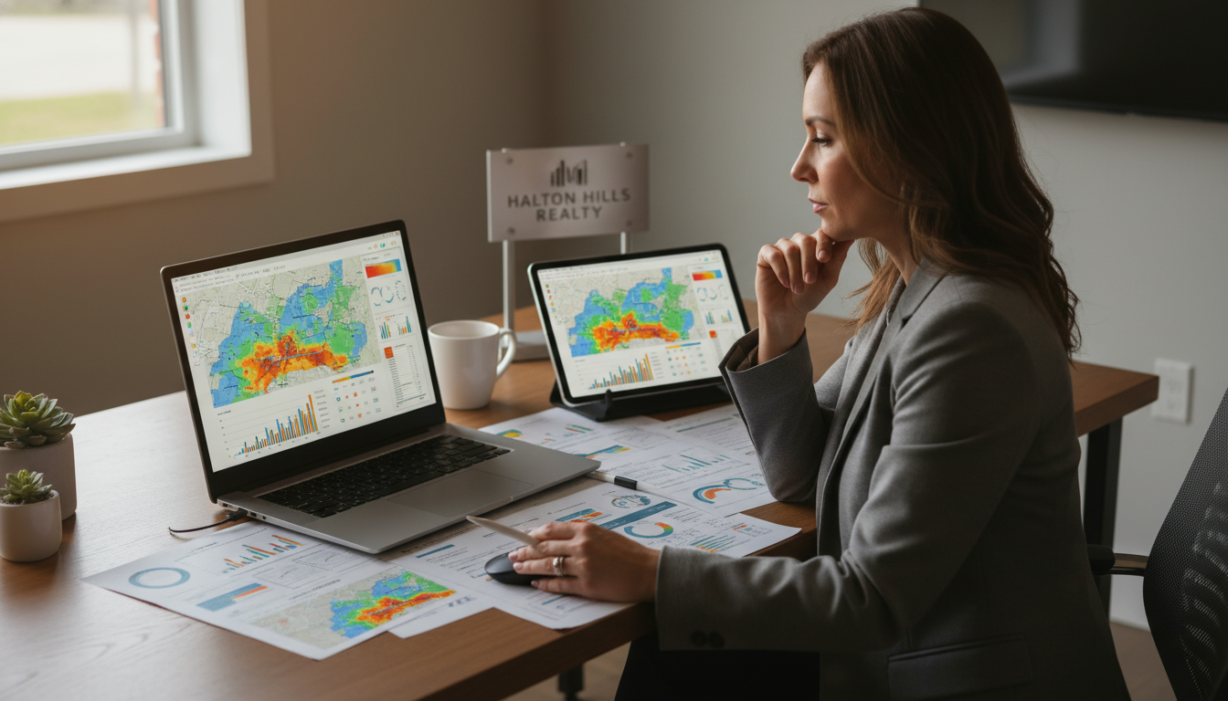 Realtor reviewing crime maps and statistics for Georgetown, Ontario on a laptop and printed reports